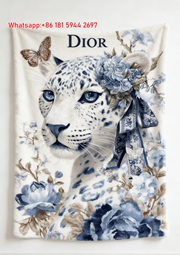 Dior Blue White Snow Leopard Flannel Sofa Throw Blanket D024